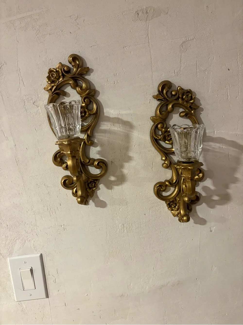 Pair of Gold Ornate Wall Lantern Sconces with Clear Glass Cups